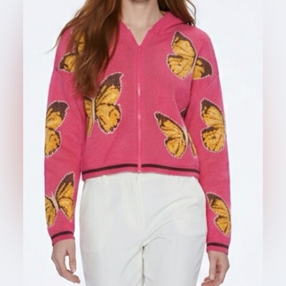 Witty Fox Womens Pink Hooded Sweater,Butterfly Cottagecore Grandmacore Boho Sz M